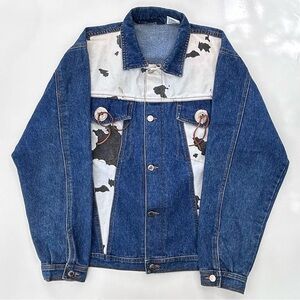Vintage 90’s Paris Express Western Cow Print Denim Trucker Jacket Men’s Large